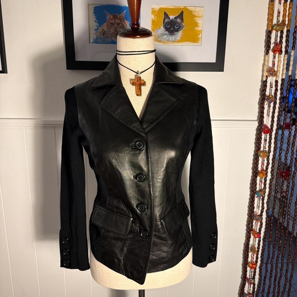 Anne Klein Black Leather Knit Mixed Media Blazer Jacket Petite Small Grunge Goth